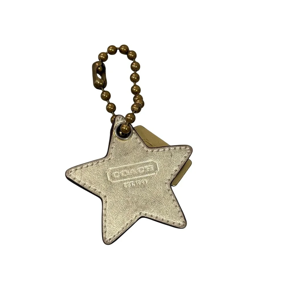 VTG Coach Purple Leather Star Bag Charm Gold Metallic Keychain Hangtag Brass